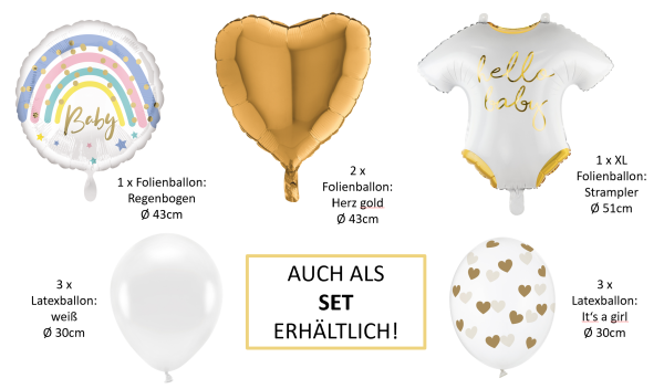 XL Folienballon Figur - weiß, goldener Babystrampler - ø 51cm